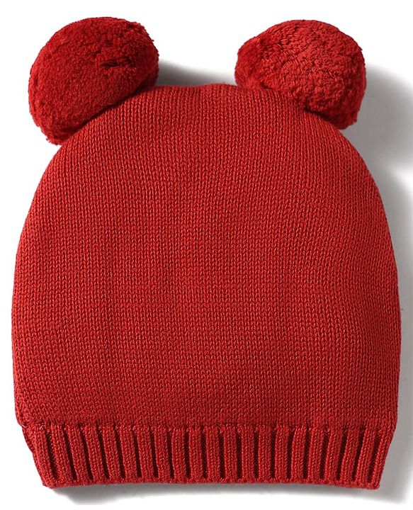 Babyhug 100% Cotton Knit Woollen Cap & Striped Mittens With Bear Embroidery Rust Orange - Diameter 10 cm