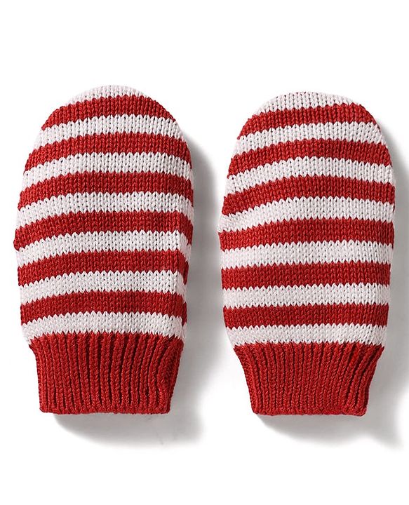 Babyhug 100% Cotton Knit Woollen Cap & Striped Mittens With Bear Embroidery Rust Orange - Diameter 10 cm
