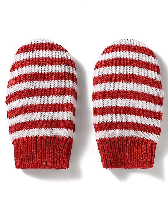 Babyhug 100% Cotton Knit Woollen Cap & Striped Mittens With Bear Embroidery Rust Orange - Diameter 10 cm