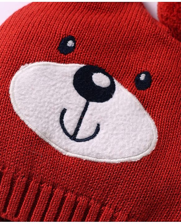 Babyhug 100% Cotton Knit Woollen Cap & Striped Mittens With Bear Embroidery Rust Orange - Diameter 10 cm