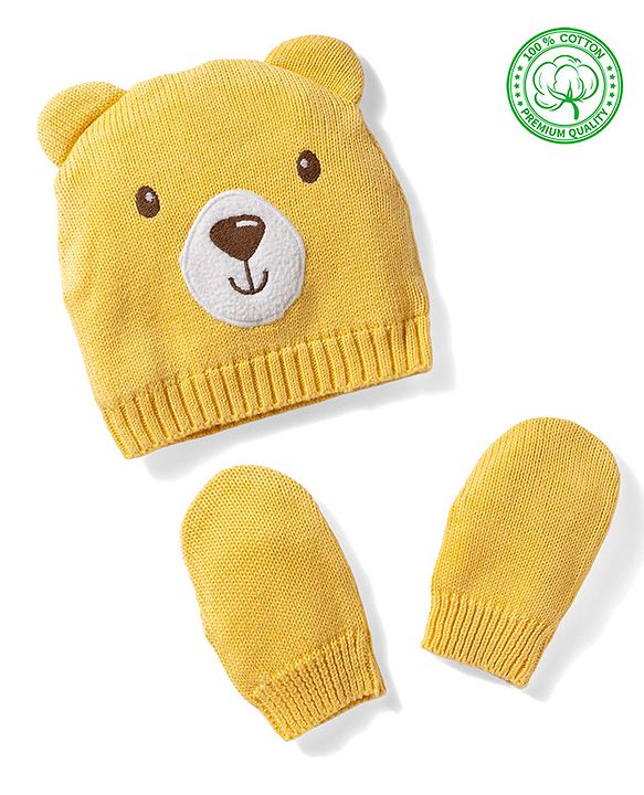 Babyhug 100% Cotton Knit Woollen Cap & Mittens With Bear Embroidery Yellow - Diameter 15 cm