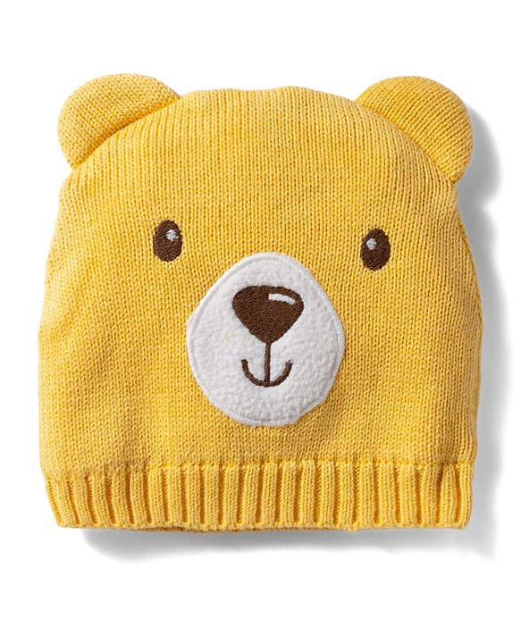 Babyhug 100% Cotton Knit Woollen Cap & Mittens With Bear Embroidery Yellow - Diameter 15 cm