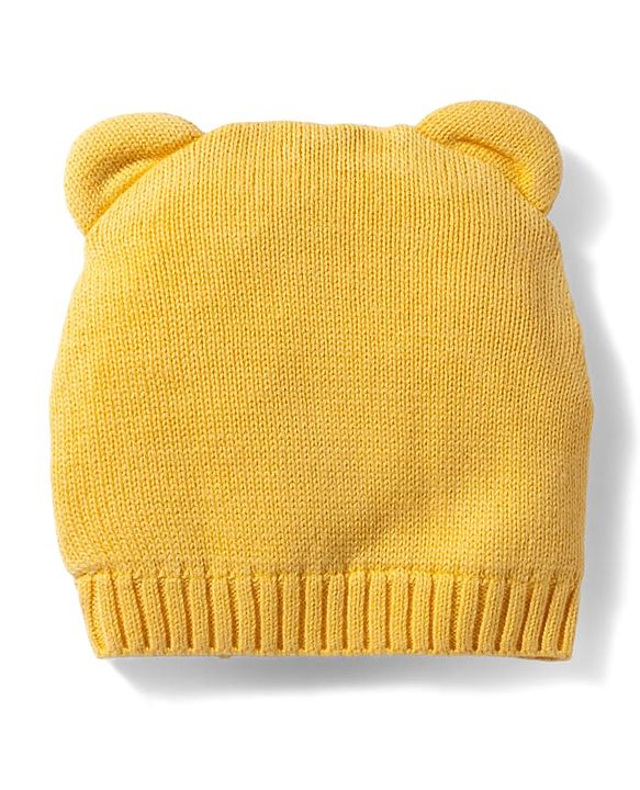 Babyhug 100% Cotton Knit Woollen Cap & Mittens With Bear Embroidery Yellow - Diameter 15 cm