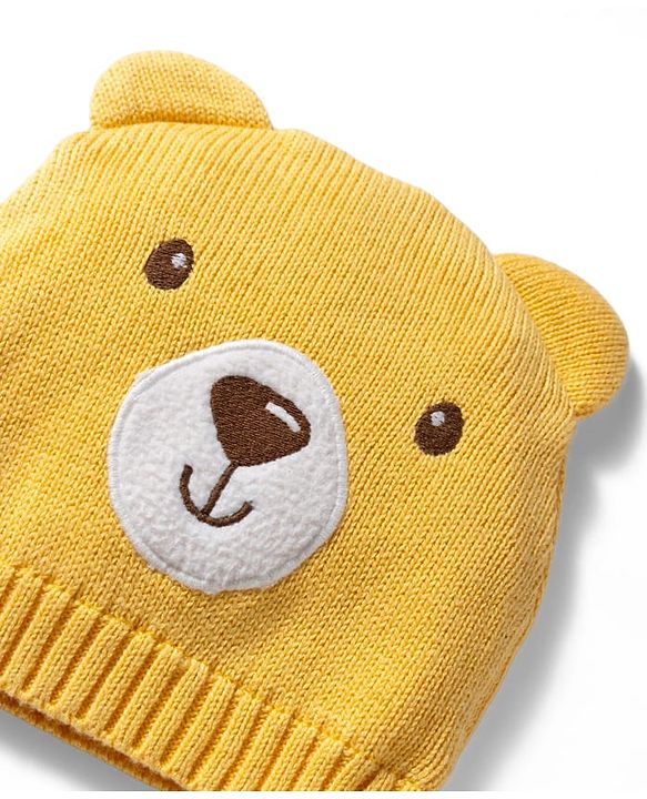 Babyhug 100% Cotton Knit Woollen Cap & Mittens With Bear Embroidery Yellow - Diameter 15 cm