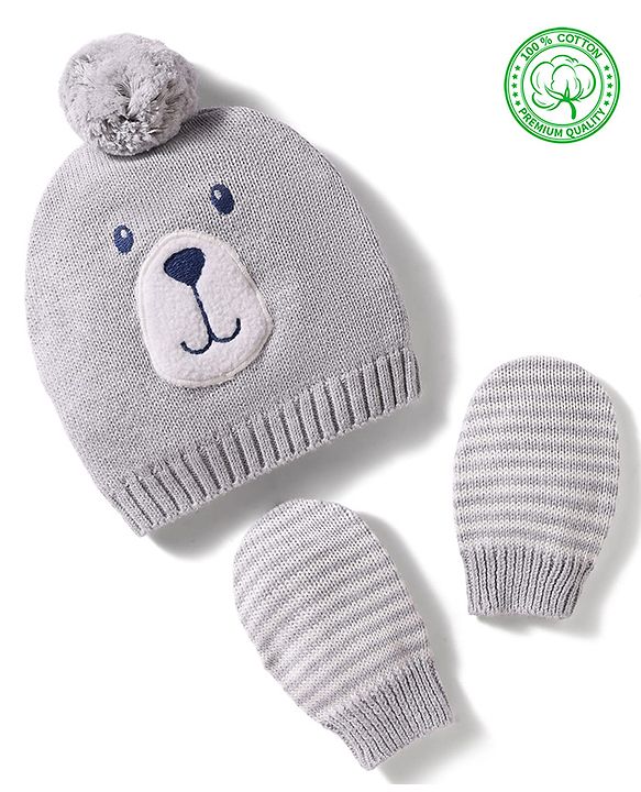 Babyhug 100% Cotton Knit Woollen Cap & Striped Mittens With Bear Embroidery Grey - Diameter 11 cm
