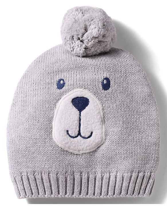 Babyhug 100% Cotton Knit Woollen Cap & Striped Mittens With Bear Embroidery Grey - Diameter 11 cm