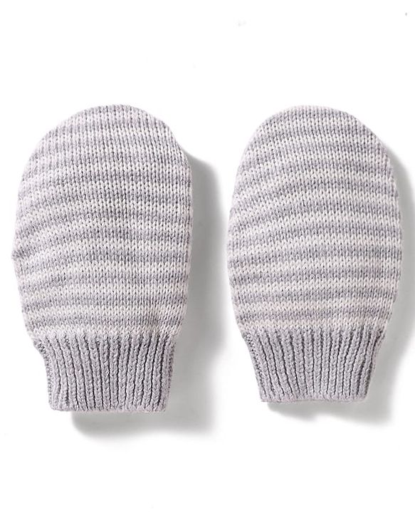 Babyhug 100% Cotton Knit Woollen Cap & Striped Mittens With Bear Embroidery Grey - Diameter 11 cm