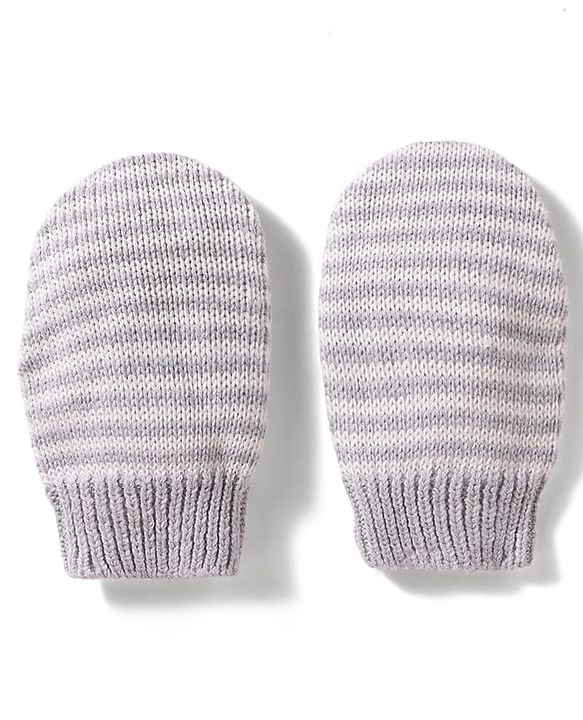 Babyhug 100% Cotton Knit Woollen Cap & Striped Mittens With Bear Embroidery Grey - Diameter 11 cm