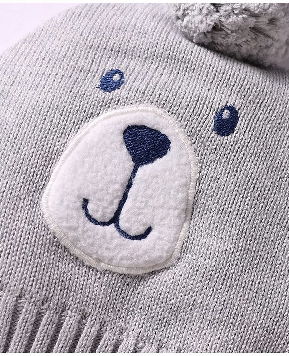 Babyhug 100% Cotton Knit Woollen Cap & Striped Mittens With Bear Embroidery Grey - Diameter 11 cm