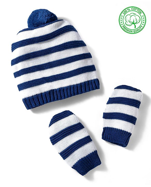 Babyhug 100% Cotton Knit Striped Woollen Cap & Mittens Navy Blue - Diameter 15 cm