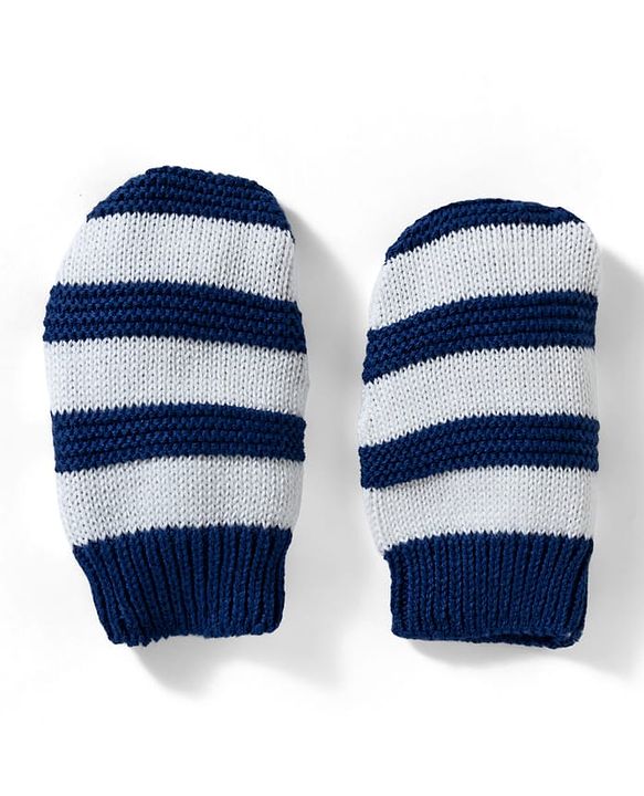 Babyhug 100% Cotton Knit Striped Woollen Cap & Mittens Navy Blue - Diameter 15 cm