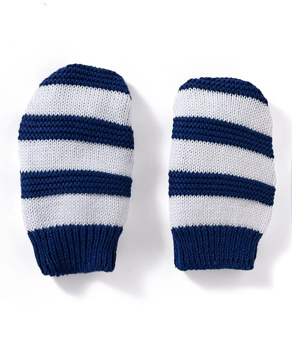 Babyhug 100% Cotton Knit Striped Woollen Cap & Mittens Navy Blue - Diameter 15 cm
