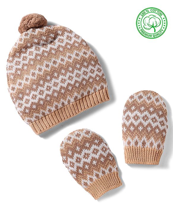 Babyhug 100% Cotton Knit Woollen Cap & Mittens With Geometric Design Beige- Diameter 10.5 cm
