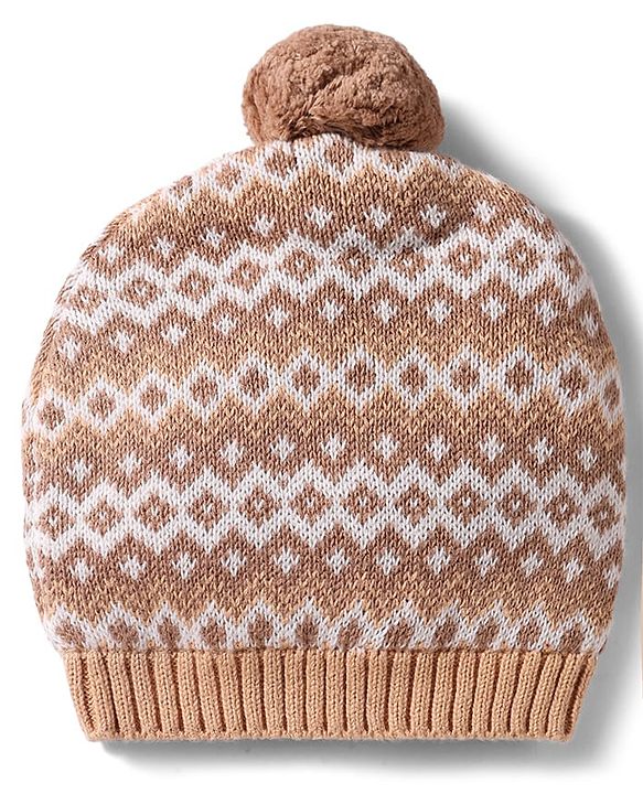 Babyhug 100% Cotton Knit Woollen Cap & Mittens With Geometric Design Beige- Diameter 10.5 cm