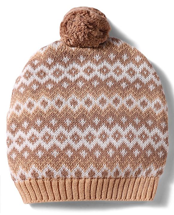 Babyhug 100% Cotton Knit Woollen Cap & Mittens With Geometric Design Beige- Diameter 10.5 cm