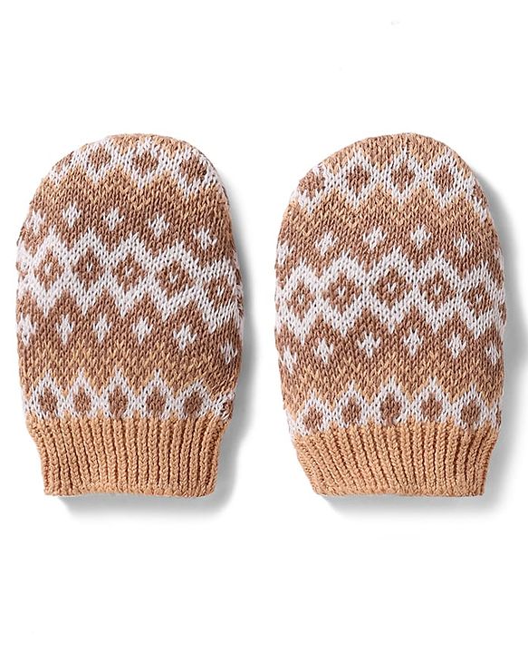 Babyhug 100% Cotton Knit Woollen Cap & Mittens With Geometric Design Beige- Diameter 10.5 cm