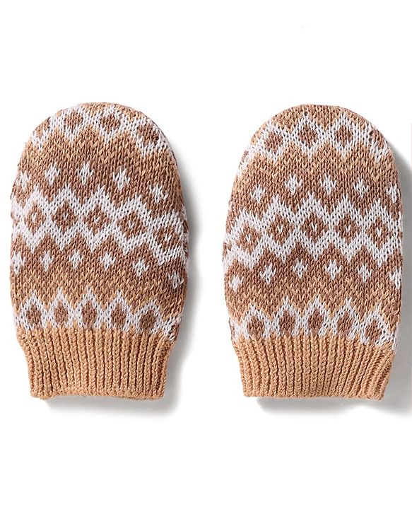 Babyhug 100% Cotton Knit Woollen Cap & Mittens With Geometric Design Beige- Diameter 10.5 cm