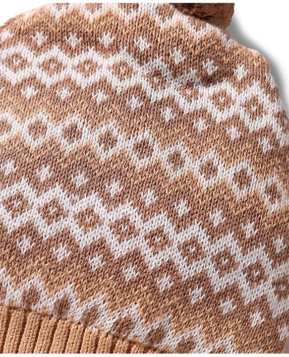 Babyhug 100% Cotton Knit Woollen Cap & Mittens With Geometric Design Beige- Diameter 10.5 cm