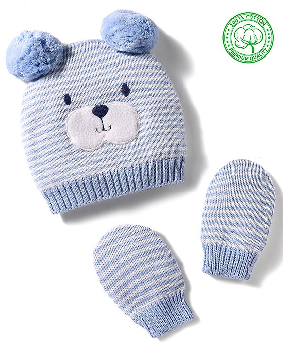 Babyhug 100% Cotton Knit Woollen Cap & Striped Mittens With Bear Embroidery Light Blue - Diameter 10 cm
