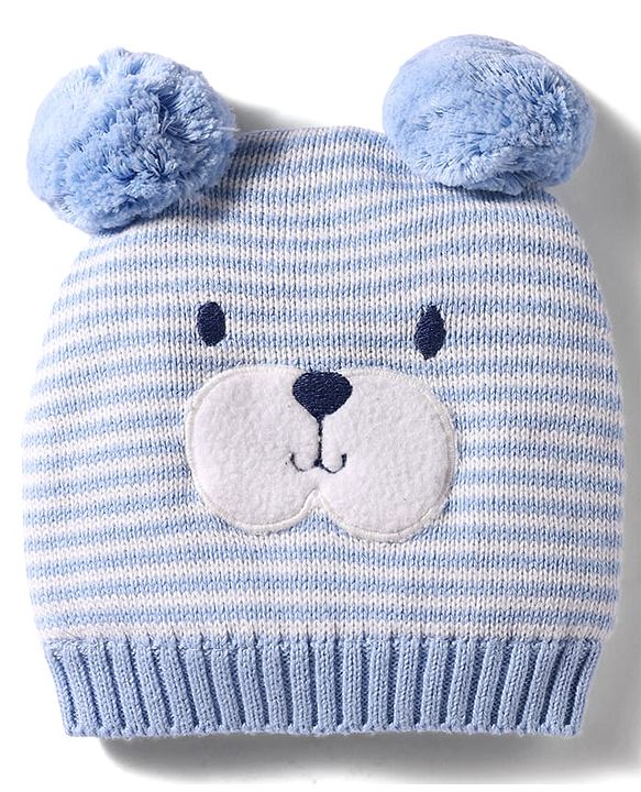 Babyhug 100% Cotton Knit Woollen Cap & Striped Mittens With Bear Embroidery Light Blue - Diameter 10 cm