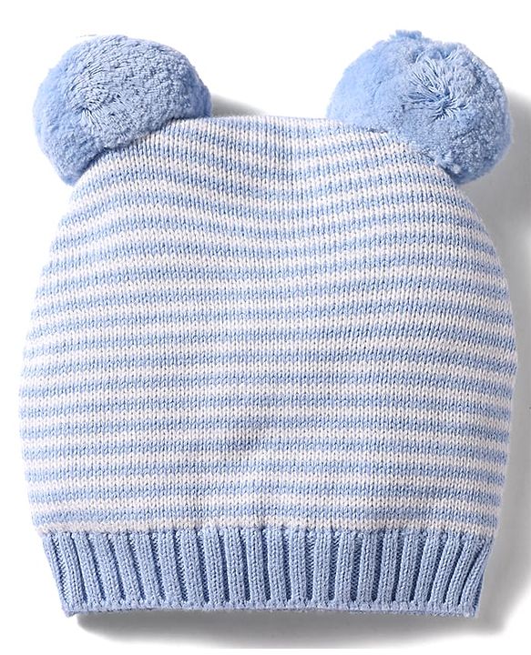 Babyhug 100% Cotton Knit Woollen Cap & Striped Mittens With Bear Embroidery Light Blue - Diameter 10 cm