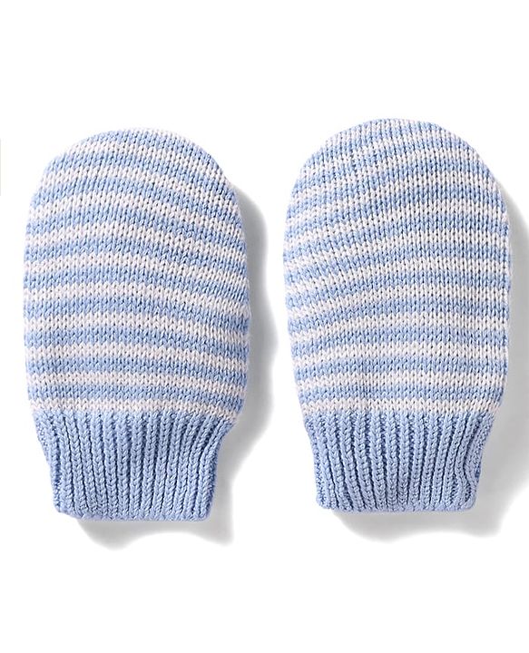 Babyhug 100% Cotton Knit Woollen Cap & Striped Mittens With Bear Embroidery Light Blue - Diameter 10 cm