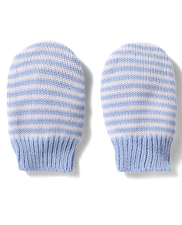 Babyhug 100% Cotton Knit Woollen Cap & Striped Mittens With Bear Embroidery Light Blue - Diameter 10 cm