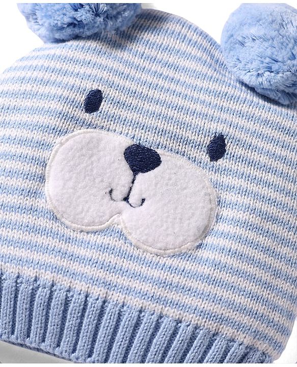 Babyhug 100% Cotton Knit Woollen Cap & Striped Mittens With Bear Embroidery Light Blue - Diameter 10 cm