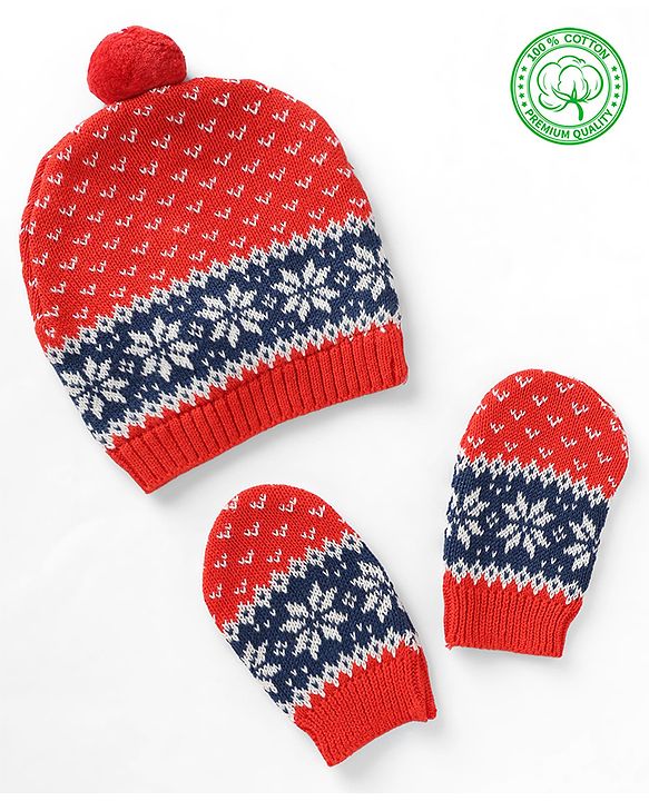 Babyhug Organic 100% Cotton Knit Woollen Cap & Mittens With Floral Design Red- Diameter 12 cm