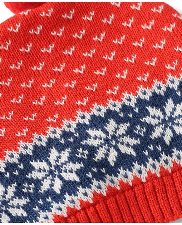 Babyhug Organic 100% Cotton Knit Woollen Cap & Mittens With Floral Design Red- Diameter 12 cm