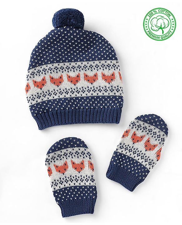 Babyhug Organic 100% Cotton Knit Woollen Cap & Mittens With Heart Design Navy Blue - Diameter 12 cm