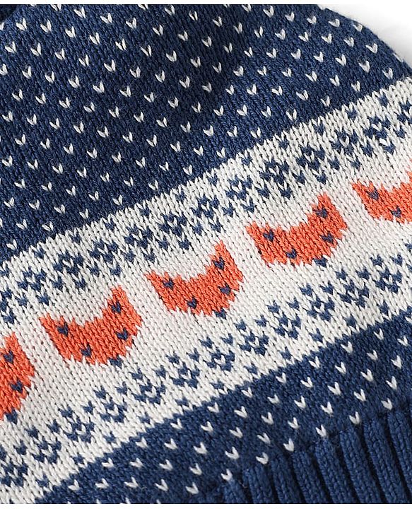 Babyhug Organic 100% Cotton Knit Woollen Cap & Mittens With Heart Design Navy Blue - Diameter 12 cm
