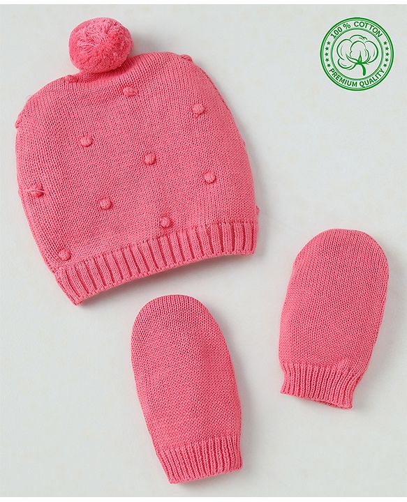 Babyhug Organic 100% Cotton Knit Woollen Caps and Set With Polka Design Pink - Diameter 14 cm