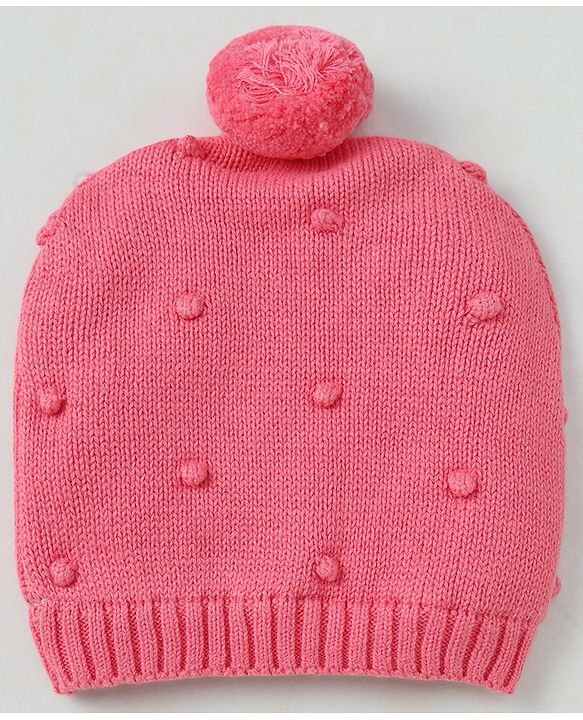 Babyhug Organic 100% Cotton Knit Woollen Caps and Set With Polka Design Pink - Diameter 14 cm