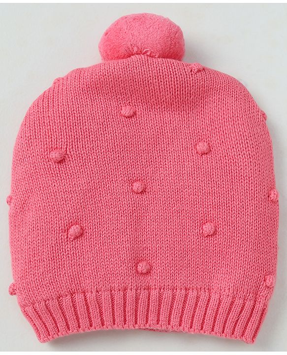 Babyhug Organic 100% Cotton Knit Woollen Caps and Set With Polka Design Pink - Diameter 14 cm