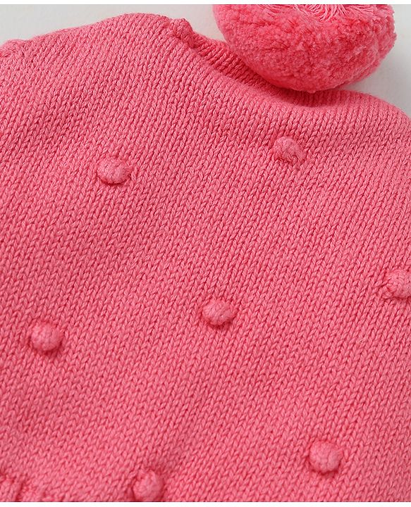 Babyhug Organic 100% Cotton Knit Woollen Caps and Set With Polka Design Pink - Diameter 14 cm