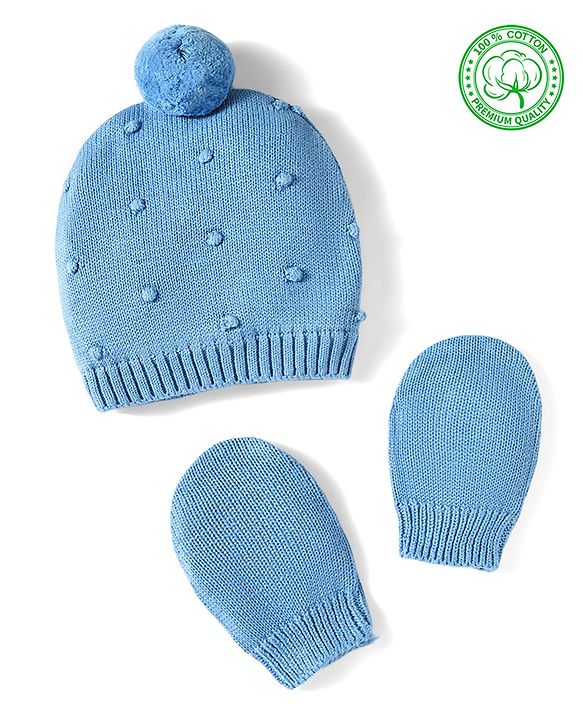 Babyhug 100% Cotton Knit Woollen Cap & Mittens Set With Embroidery Light Blue - Diameter 13.5 cm