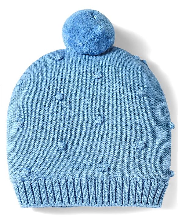 Babyhug 100% Cotton Knit Woollen Cap & Mittens Set With Embroidery Light Blue - Diameter 13.5 cm