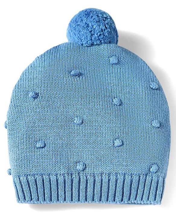 Babyhug 100% Cotton Knit Woollen Cap & Mittens Set With Embroidery Light Blue - Diameter 13.5 cm