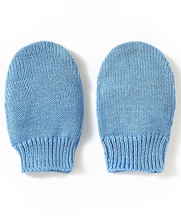 Babyhug 100% Cotton Knit Woollen Cap & Mittens Set With Embroidery Light Blue - Diameter 13.5 cm