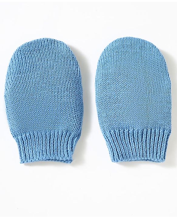 Babyhug 100% Cotton Knit Woollen Cap & Mittens Set With Embroidery Light Blue - Diameter 13.5 cm
