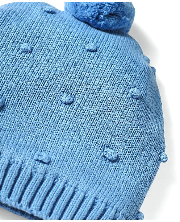 Babyhug 100% Cotton Knit Woollen Cap & Mittens Set With Embroidery Light Blue - Diameter 13.5 cm