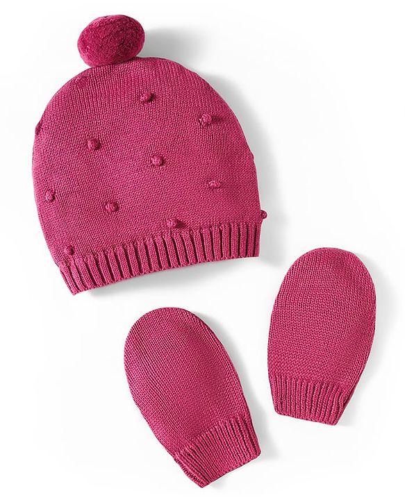 Babyhug 100% Cotton Knit Woollen Cap & Mittens Set With Embroidery Wine - Diameter 14 cm