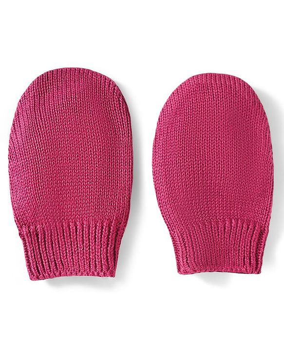 Babyhug 100% Cotton Knit Woollen Cap & Mittens Set With Embroidery Wine - Diameter 14 cm