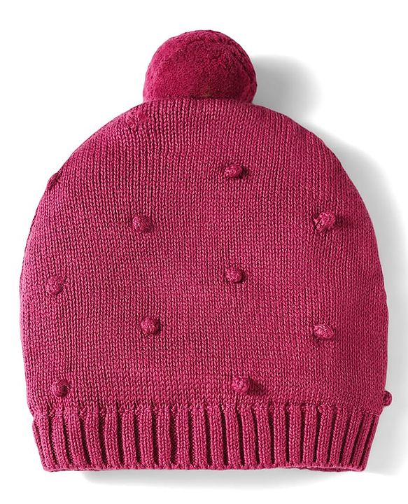Babyhug 100% Cotton Knit Woollen Cap & Mittens Set With Embroidery Wine - Diameter 14 cm