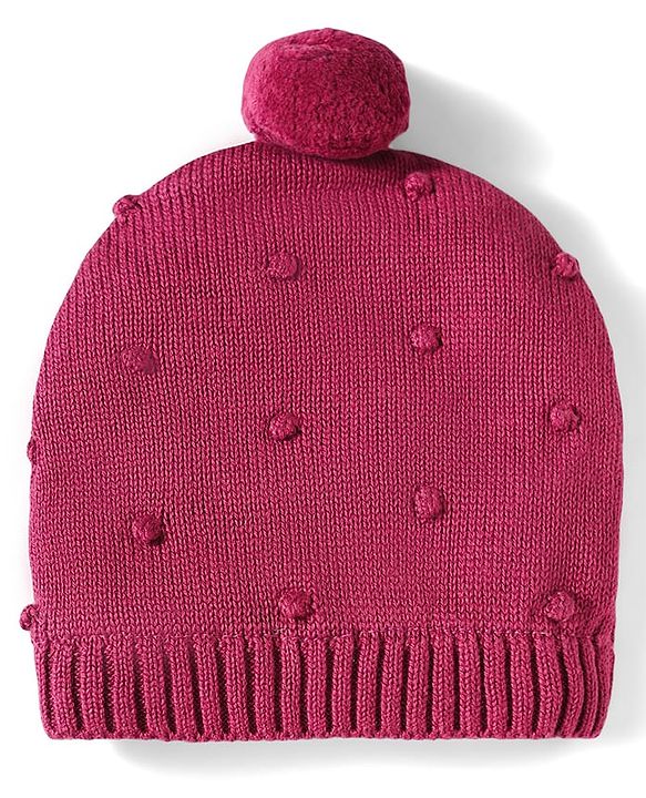 Babyhug 100% Cotton Knit Woollen Cap & Mittens Set With Embroidery Wine - Diameter 14 cm