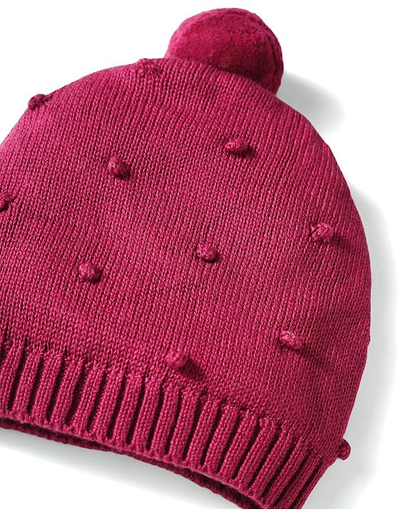 Babyhug 100% Cotton Knit Woollen Cap & Mittens Set With Embroidery Wine - Diameter 14 cm
