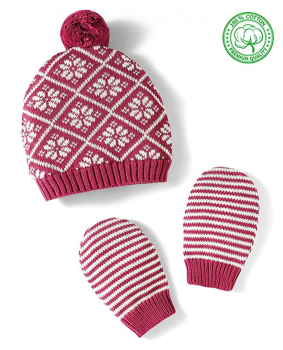 Babyhug 100% Cotton Knit Woollen Cap & Mittens Set With Floral Design Wine - Diameter 14.5 cm