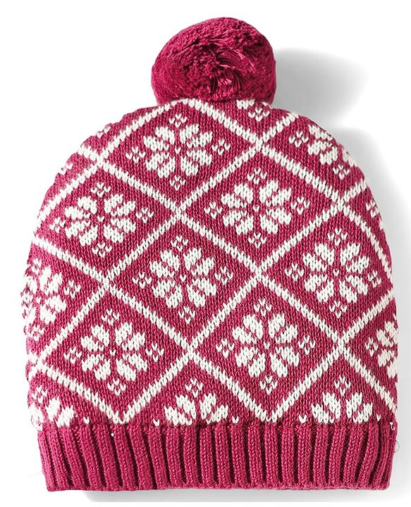 Babyhug 100% Cotton Knit Woollen Cap & Mittens Set With Floral Design Wine - Diameter 14.5 cm