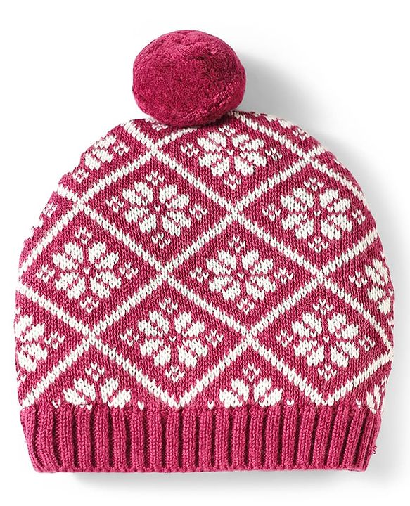 Babyhug 100% Cotton Knit Woollen Cap & Mittens Set With Floral Design Wine - Diameter 14.5 cm